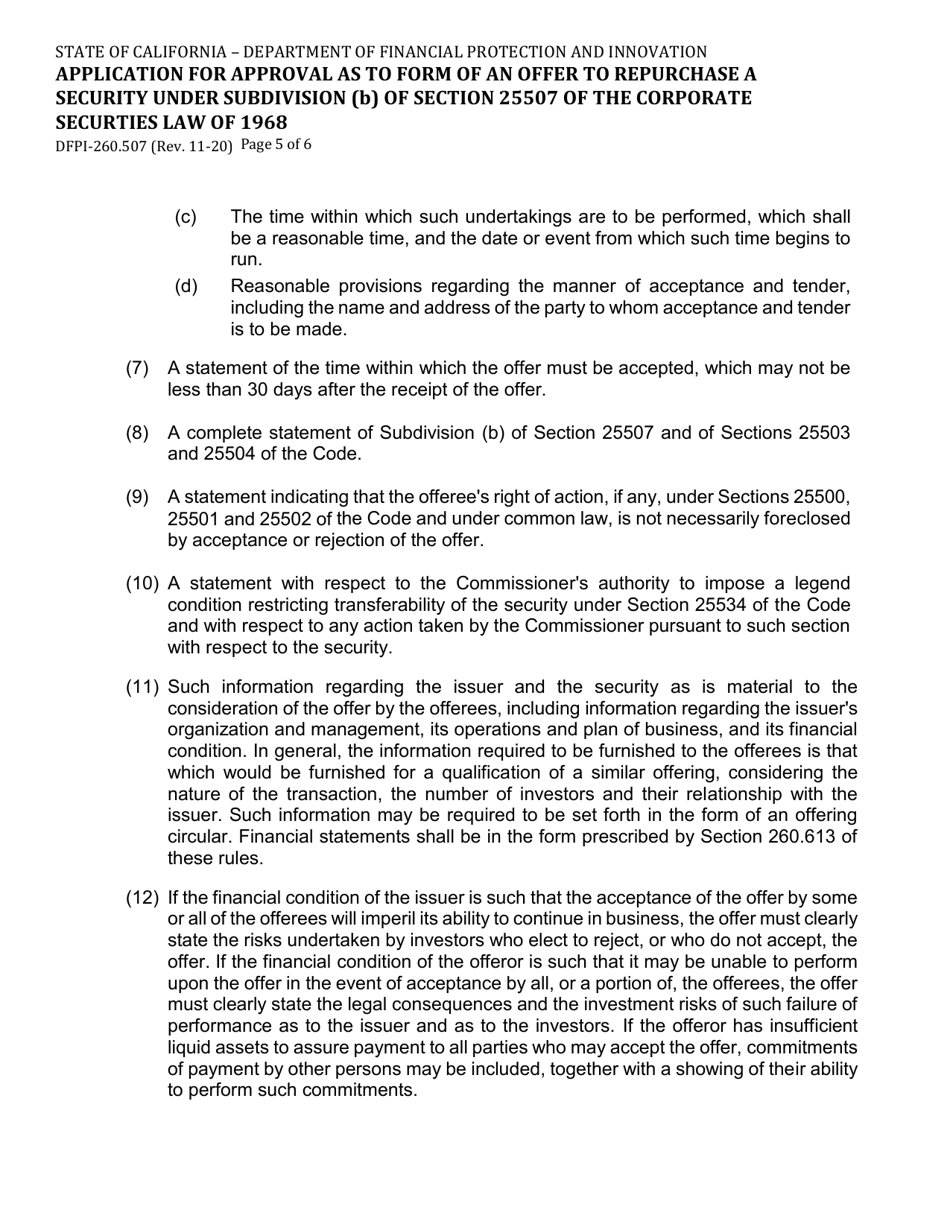 Form DFPI-260.507 Application for Approval as to Form of an Offer to Repurchase a Security Under Subdivision (B) of Section 25507 of the Corporate Securities Law of 1968 - California, Page 5