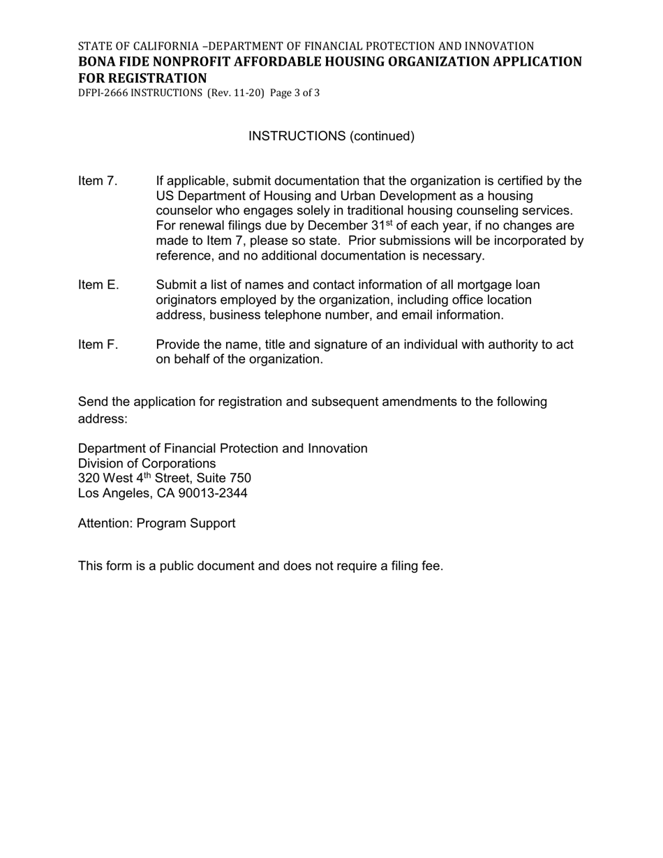 Instructions for Form DFPI-2666 Bona Fide Nonprofit Affordable Housing Organization Application for Registration - California, Page 3