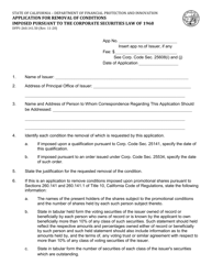 Document preview: Form DFPI-260.141.50 Application for Removal of Conditions Imposed Pursuant to the Corporate Securities Law of 1968 - California