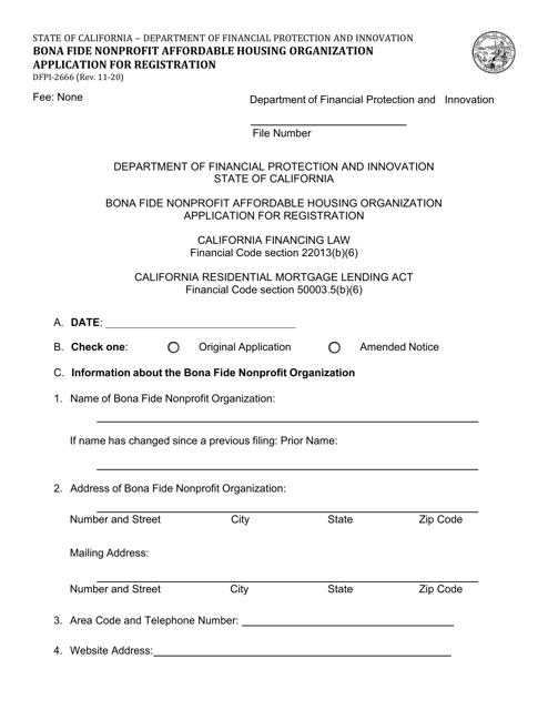 Form DFPI-2666 Bona Fide Nonprofit Affordable Housing Organization Application for Registration - California
