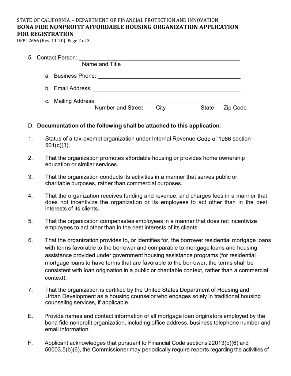 Form DFPI-2666 Bona Fide Nonprofit Affordable Housing Organization Application for Registration - California, Page 2