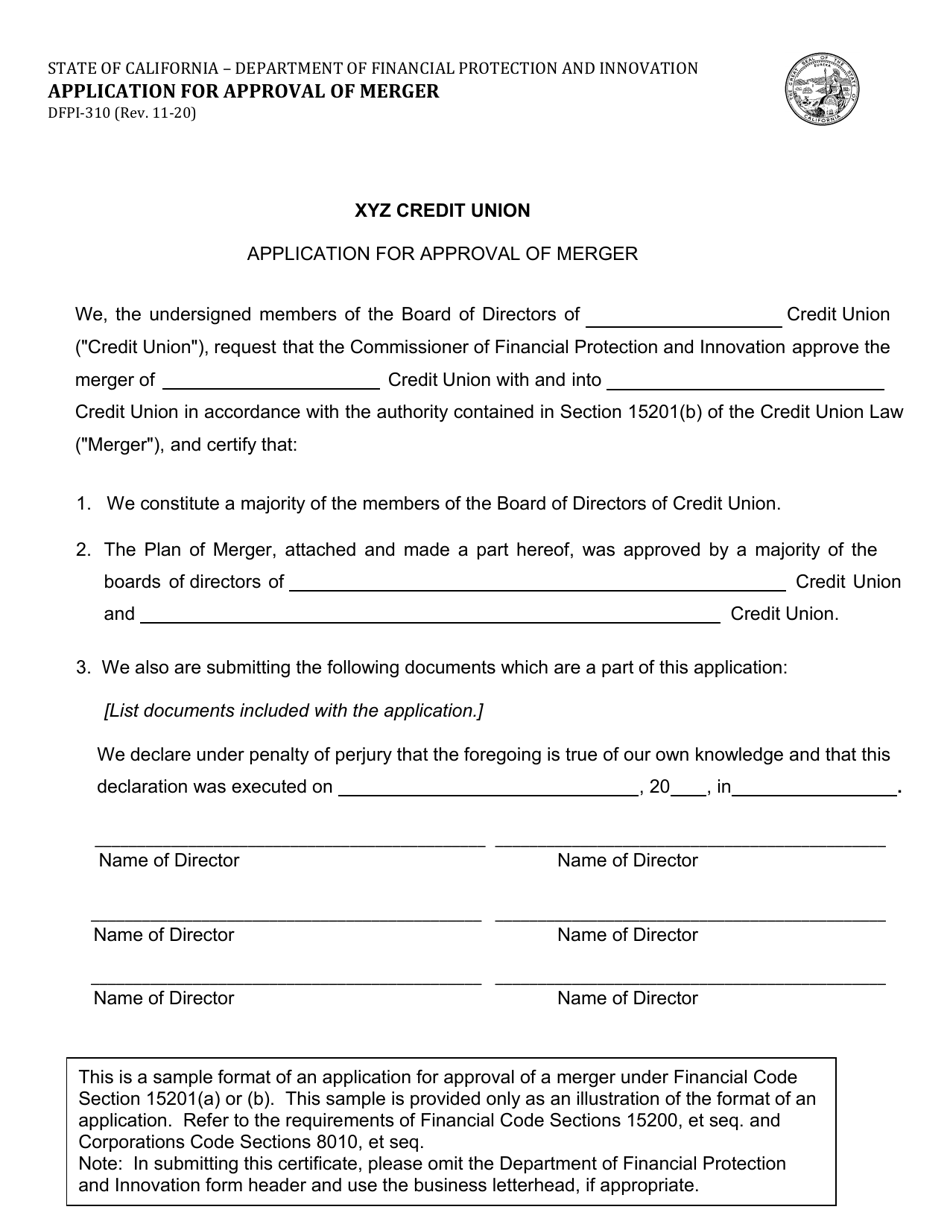 Form DFPI-310 Application for Approval of Merger - California, Page 1