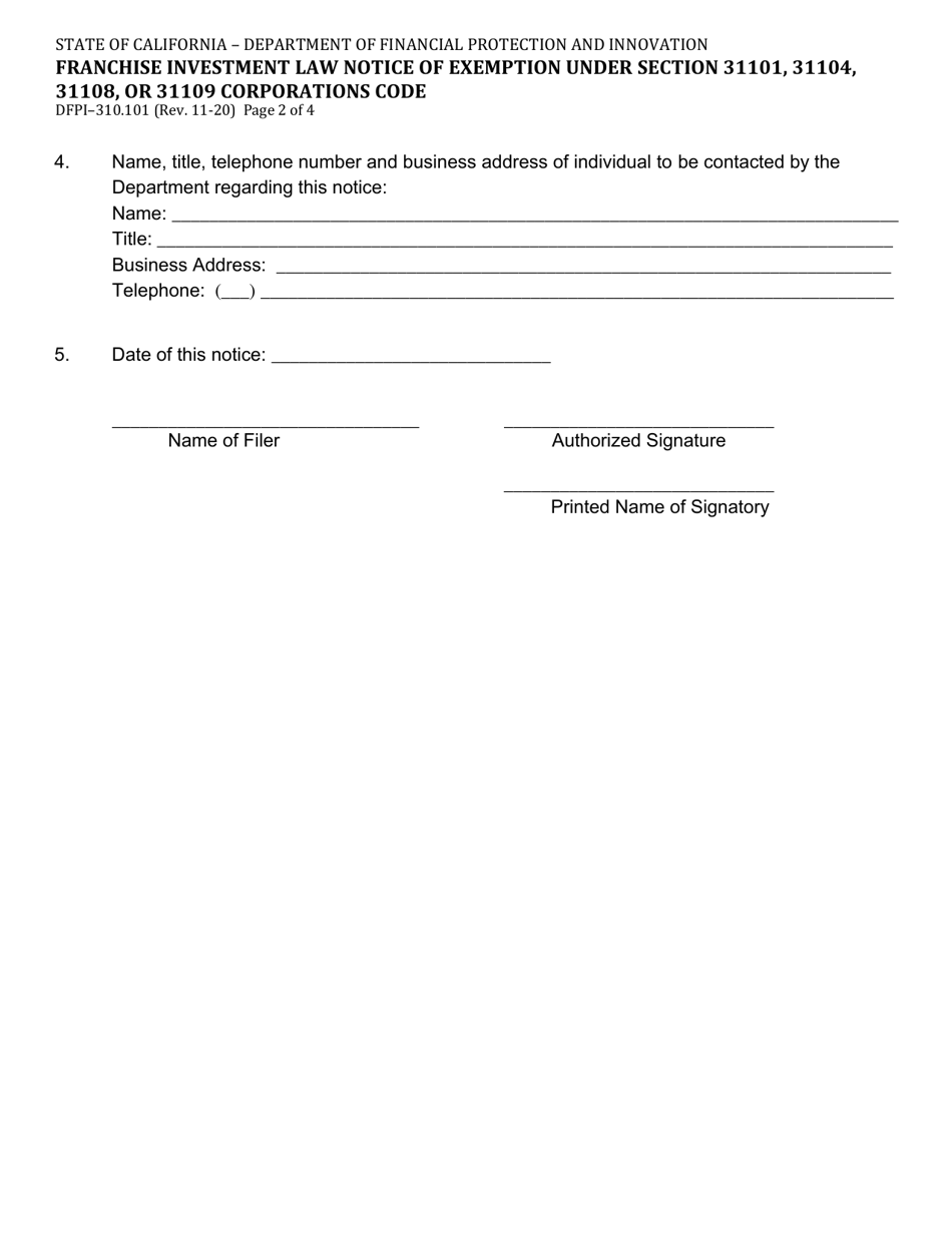 Form DFPI-310.101 Franchise Investment Law-Notice of Exemption Under Corporations Code Sections 31101, 31104, 31108 or 31109 Corporations Code - California, Page 2
