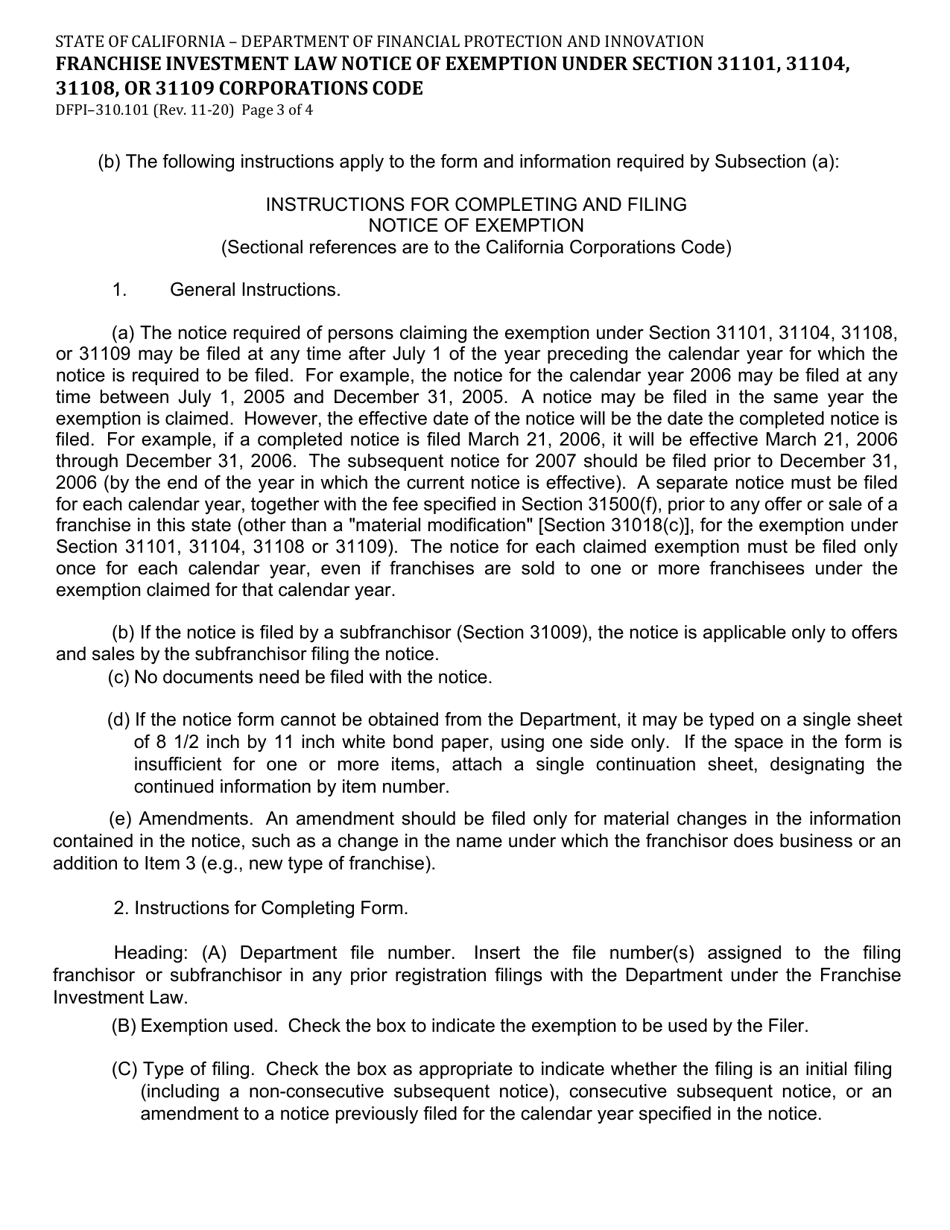 Form DFPI-310.101 Franchise Investment Law-Notice of Exemption Under Corporations Code Sections 31101, 31104, 31108 or 31109 Corporations Code - California, Page 3