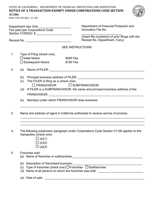 Form DFPI-310.106 Notice of a Transaction Exempt Under Corporations Code Section 31106 - California