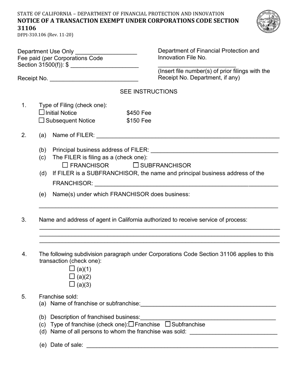 Form DFPI-310.106 Notice of a Transaction Exempt Under Corporations Code Section 31106 - California, Page 1
