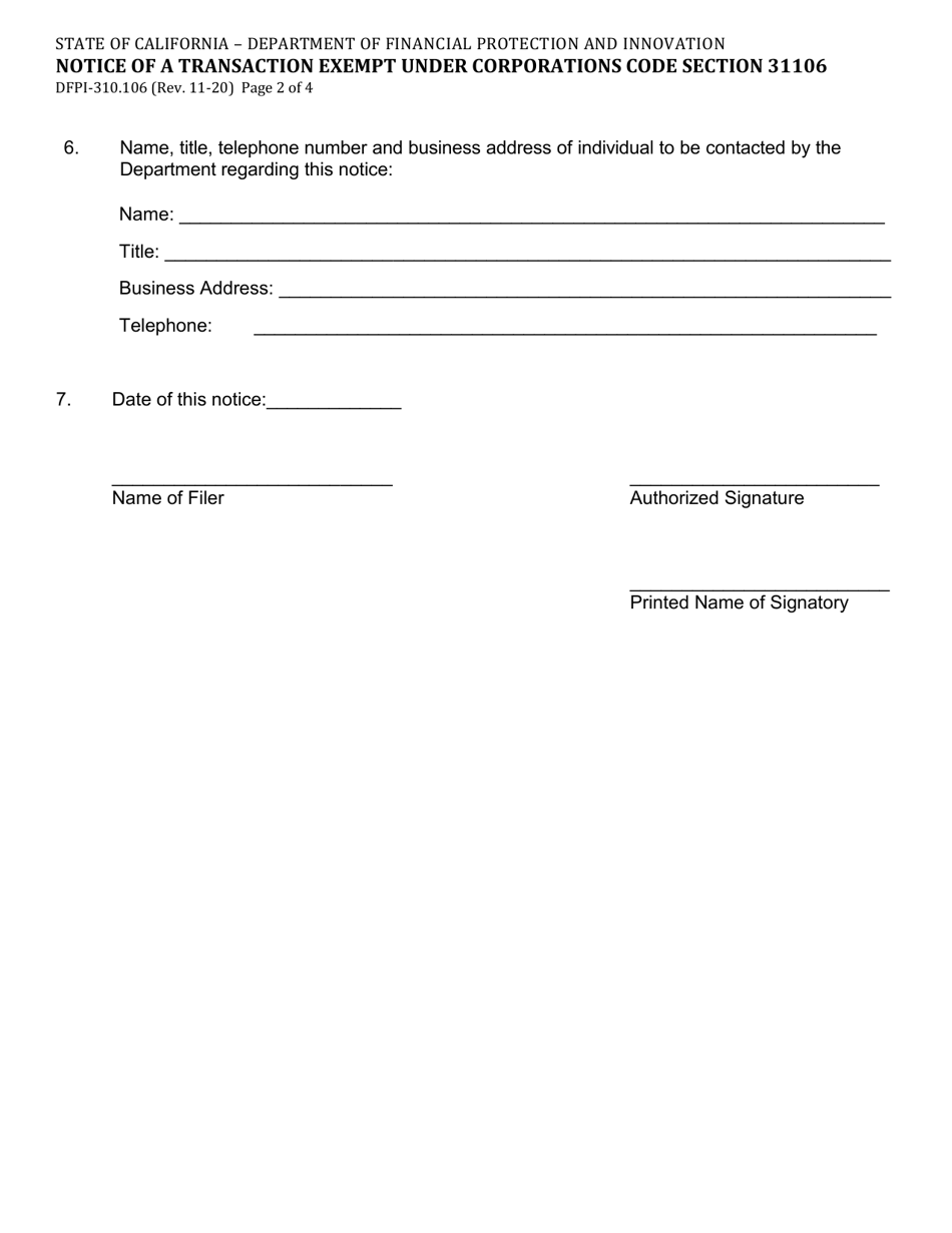 Form DFPI-310.106 Notice of a Transaction Exempt Under Corporations Code Section 31106 - California, Page 2