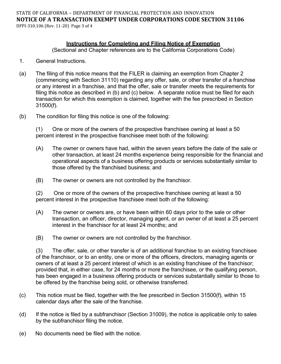 Form DFPI-310.106 Notice of a Transaction Exempt Under Corporations Code Section 31106 - California, Page 3