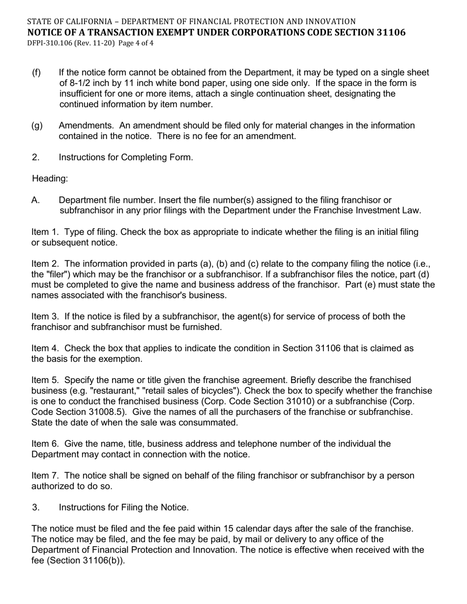 Form DFPI-310.106 Notice of a Transaction Exempt Under Corporations Code Section 31106 - California, Page 4