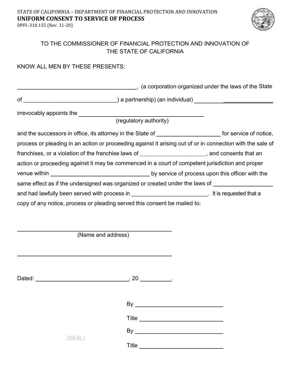 Form DFPI-310.155 Uniform Consent to Service of Process - California, Page 1