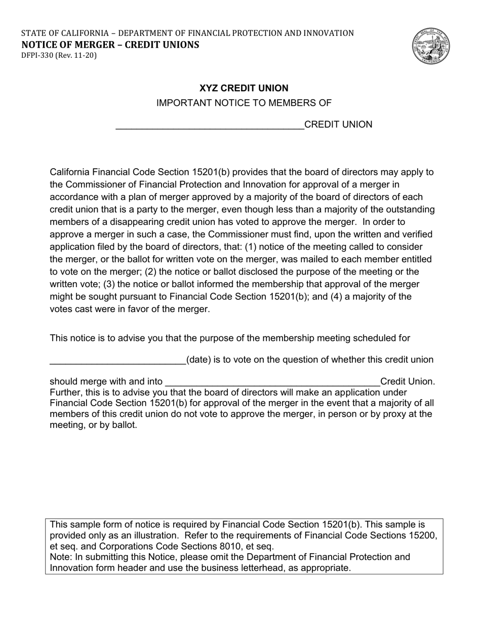 Form DFPI-330 Notice of Merger - Credit Unions - California, Page 1