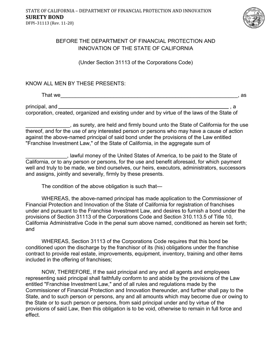 Form DFPI-31113 Surety Bond - California, Page 1