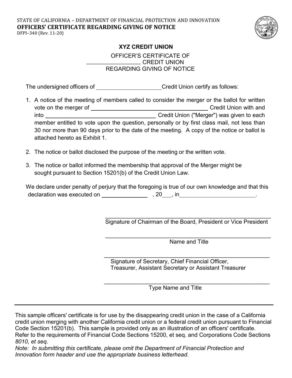 Form DFPI-340 Officers Certificate Regarding Giving of Notice - California, Page 1