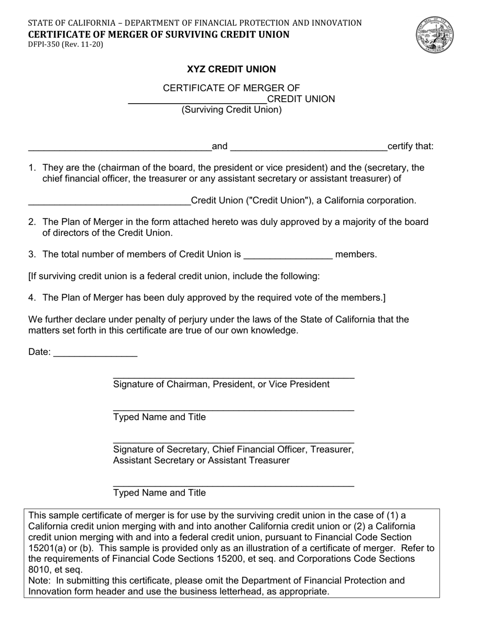 Form DFPI-350 Certificate of Merger of Surviving Credit Union - California, Page 1