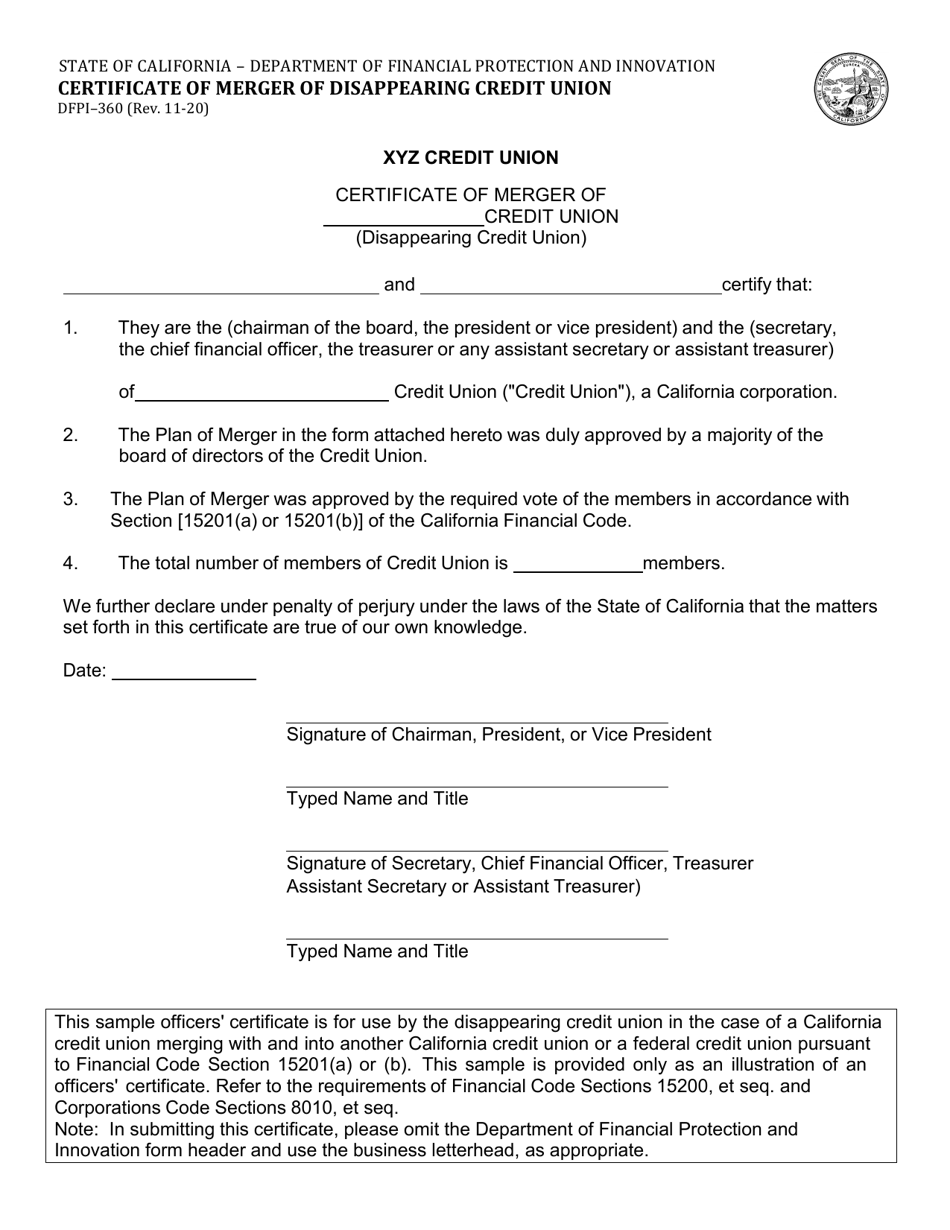 Form DFPI-360 Certificate of Merger of Disappearing Credit Union - California, Page 1