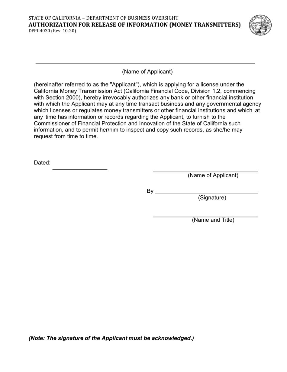 Form DFPI-4030 Authorization for Release of Information (Money Transmitters) - California, Page 1