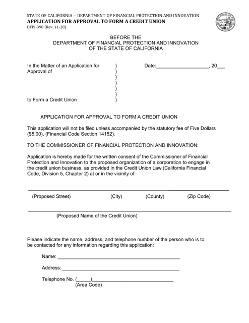 Form DFPI-390 Application for Approval to Form a Credit Union - California