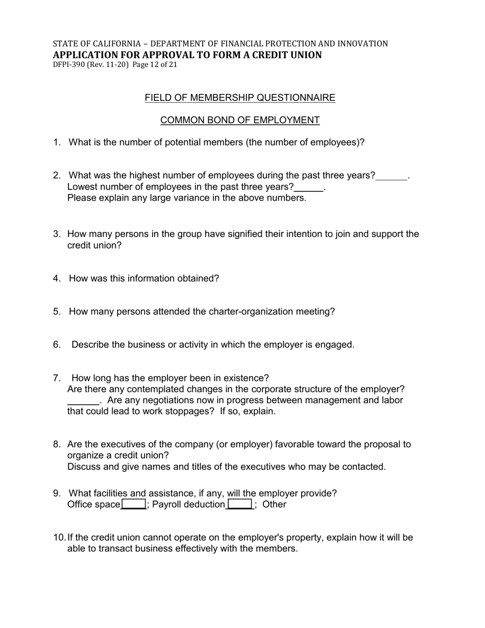 Form DFPI-390 Application for Approval to Form a Credit Union - California, Page 12