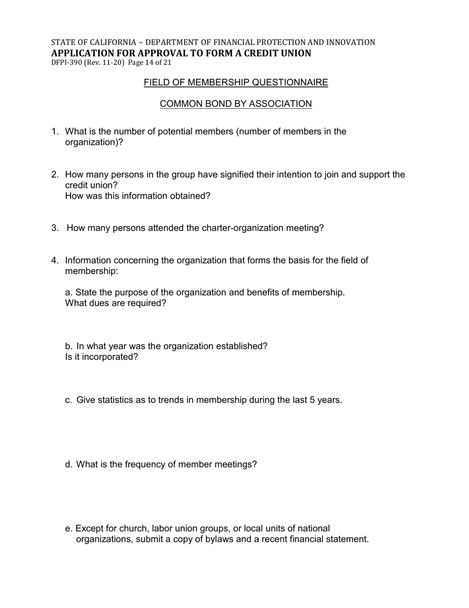Form DFPI-390 Application for Approval to Form a Credit Union - California, Page 14