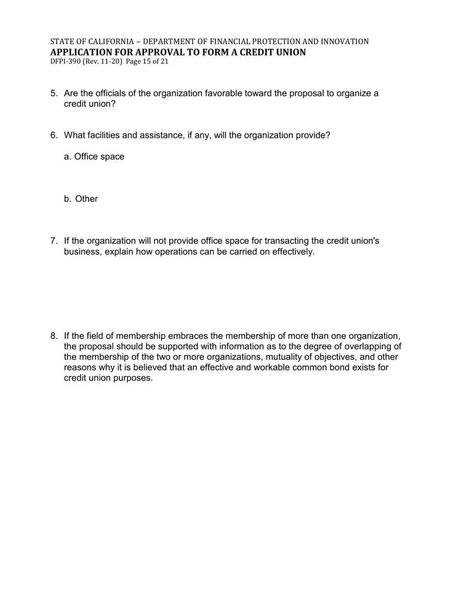 Form DFPI-390 Application for Approval to Form a Credit Union - California, Page 15