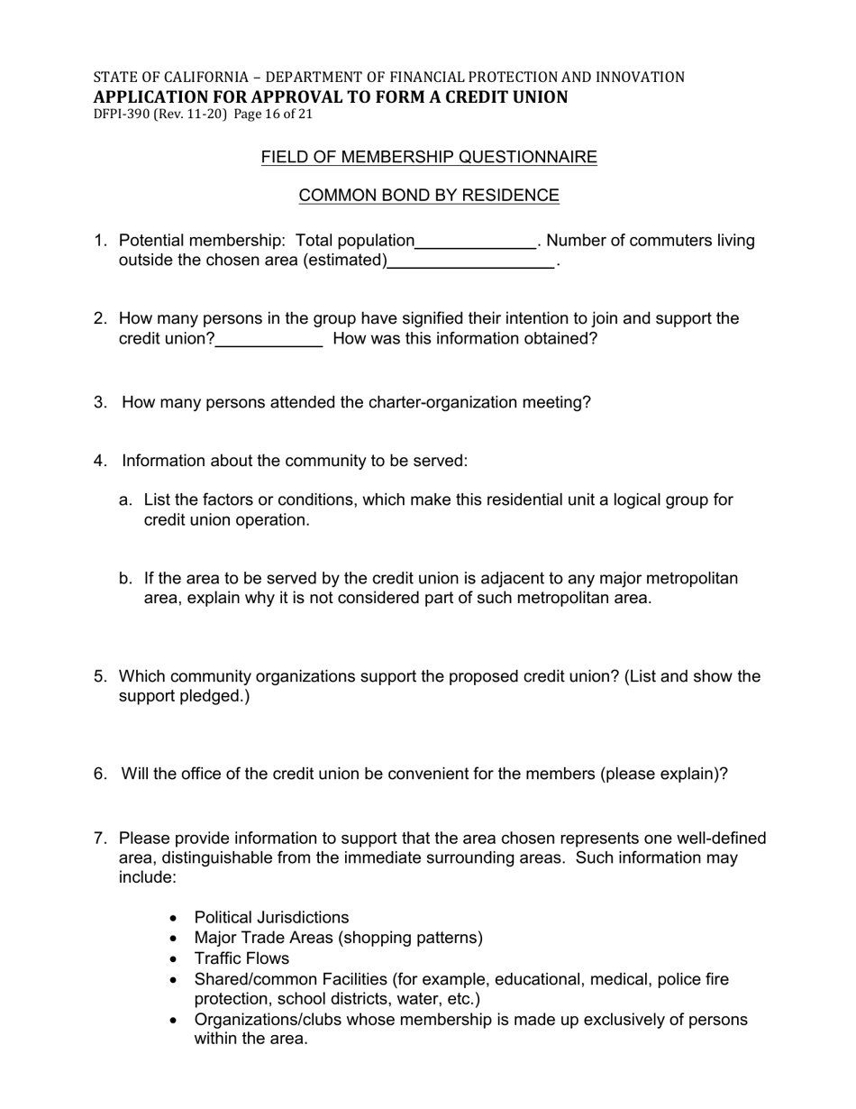 Form DFPI-390 Application for Approval to Form a Credit Union - California, Page 16