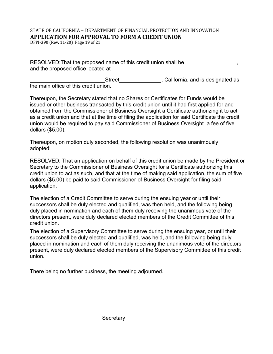 Form DFPI-390 Application for Approval to Form a Credit Union - California, Page 19