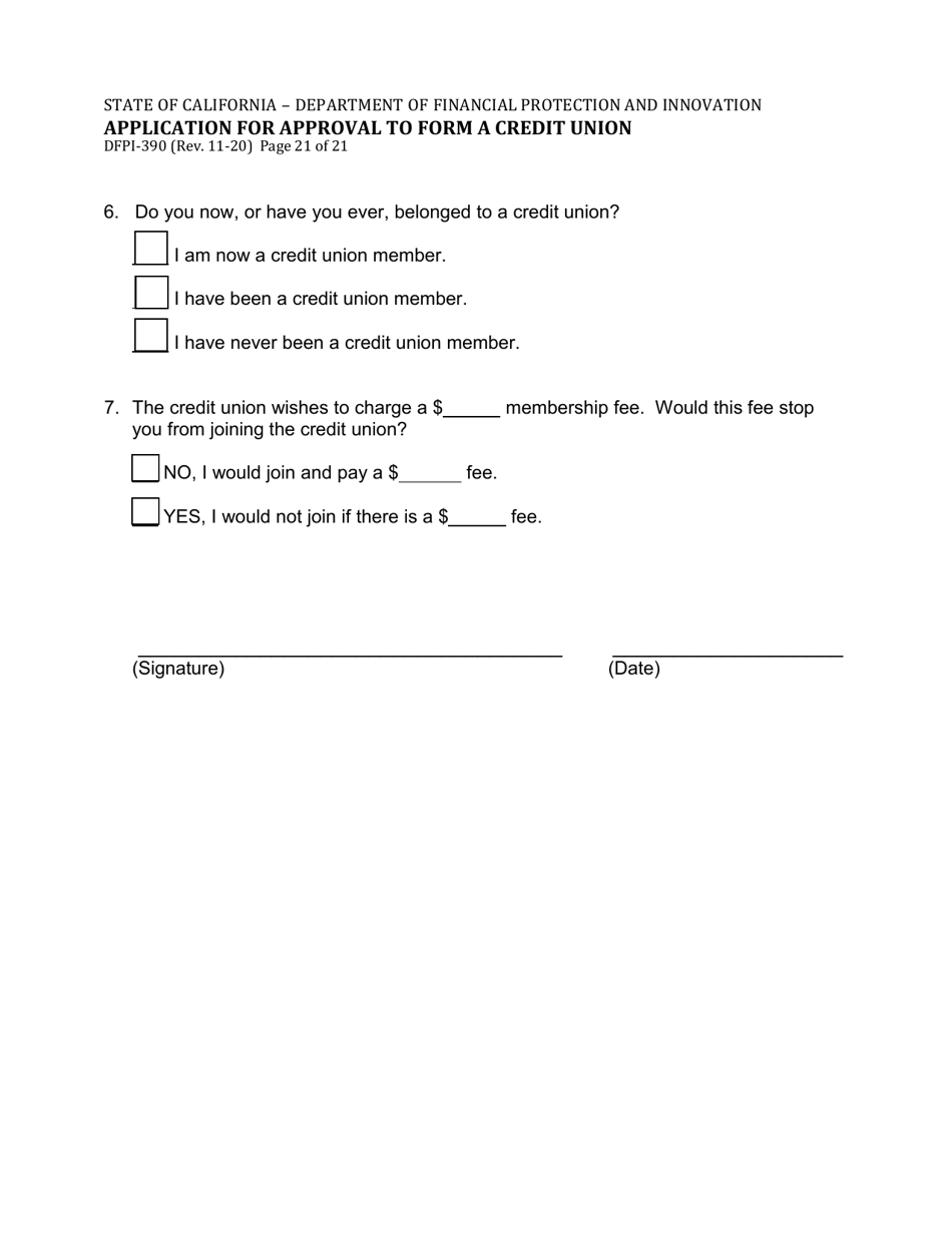 Form DFPI-390 Application for Approval to Form a Credit Union - California, Page 21