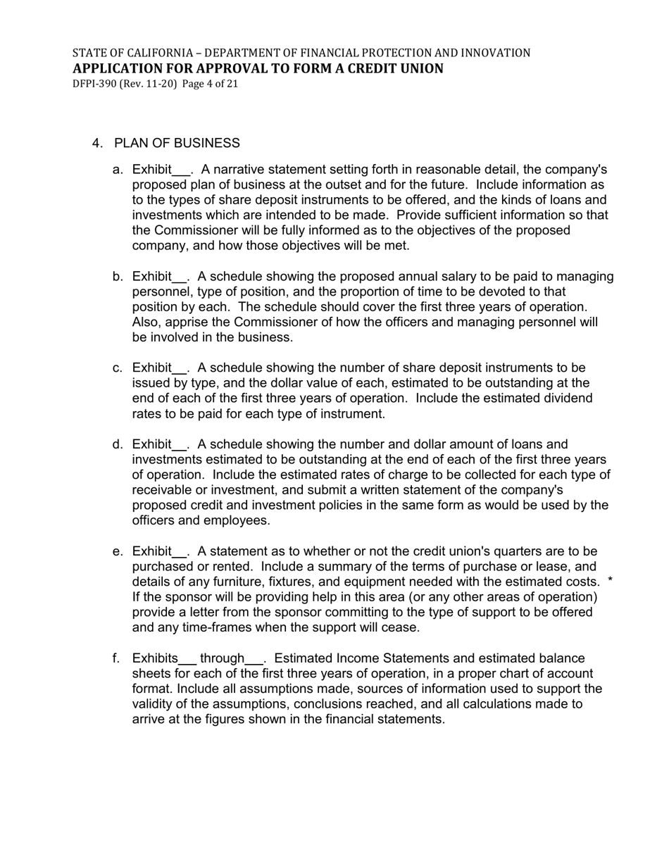Form DFPI-390 Application for Approval to Form a Credit Union - California, Page 4