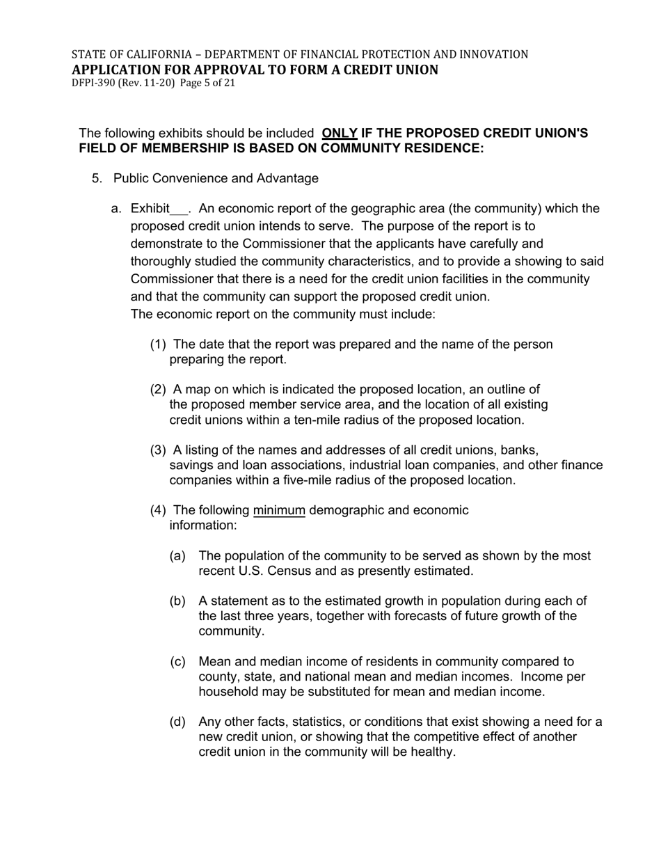 Form DFPI-390 Application for Approval to Form a Credit Union - California, Page 5
