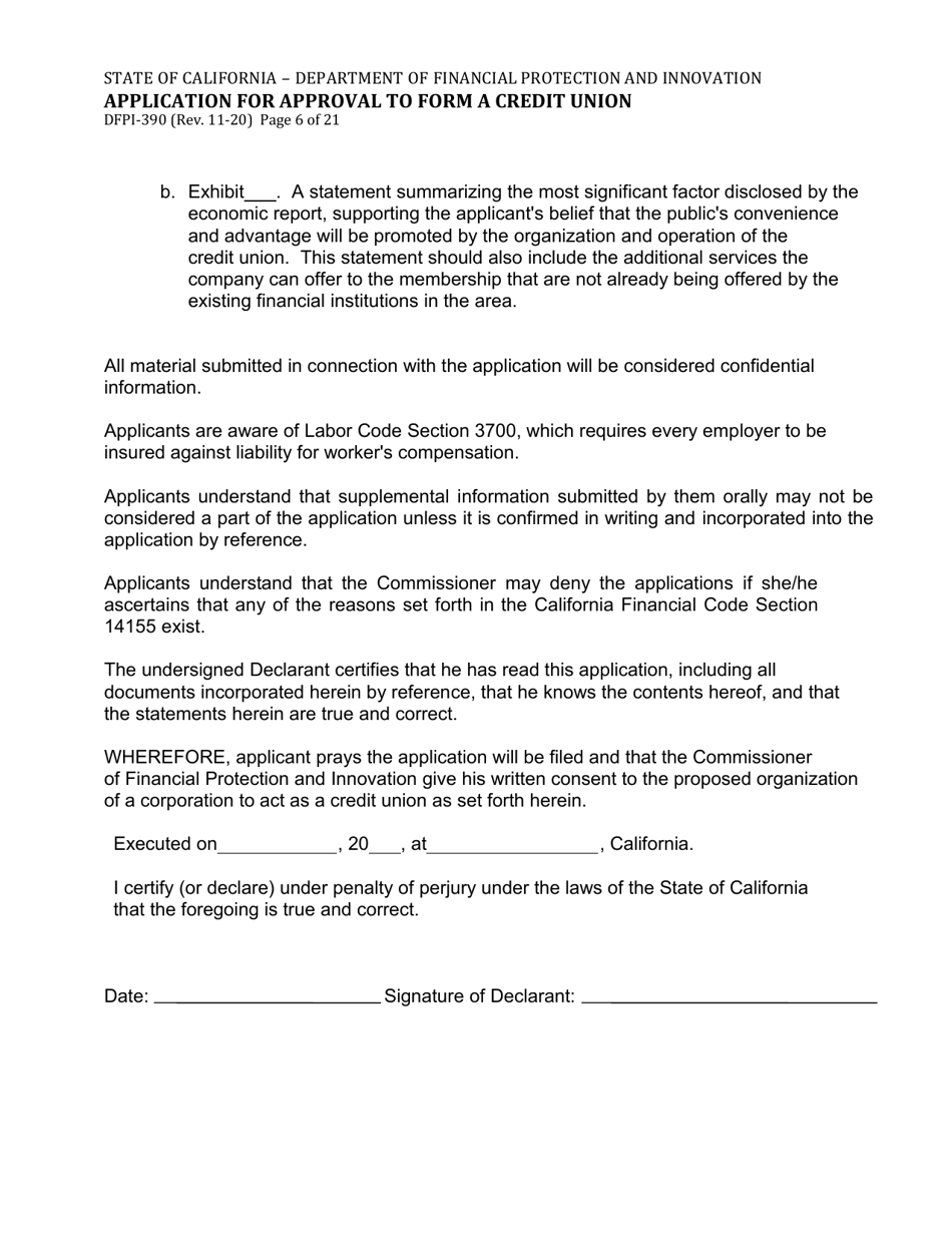 Form DFPI-390 Application for Approval to Form a Credit Union - California, Page 6