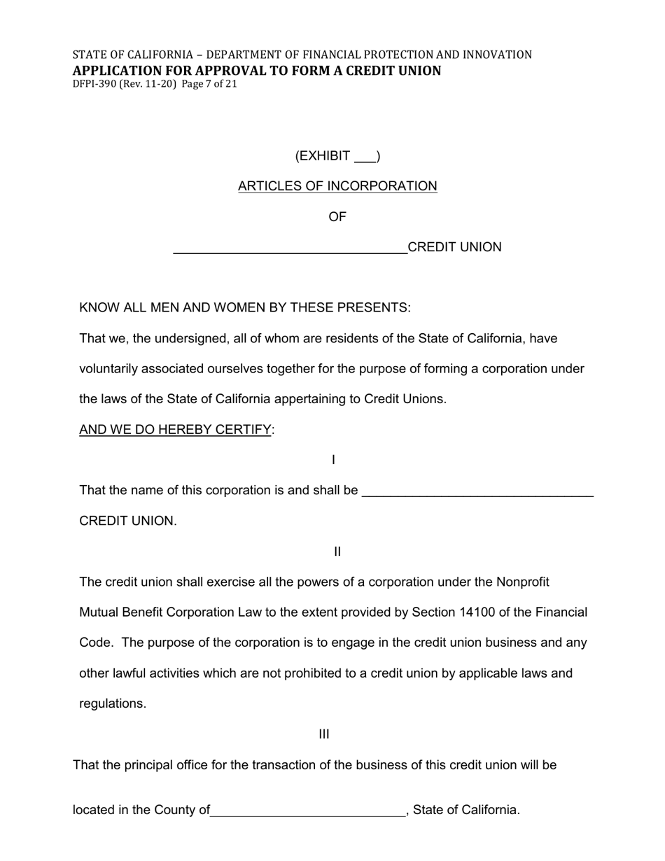 Form DFPI-390 Application for Approval to Form a Credit Union - California, Page 7