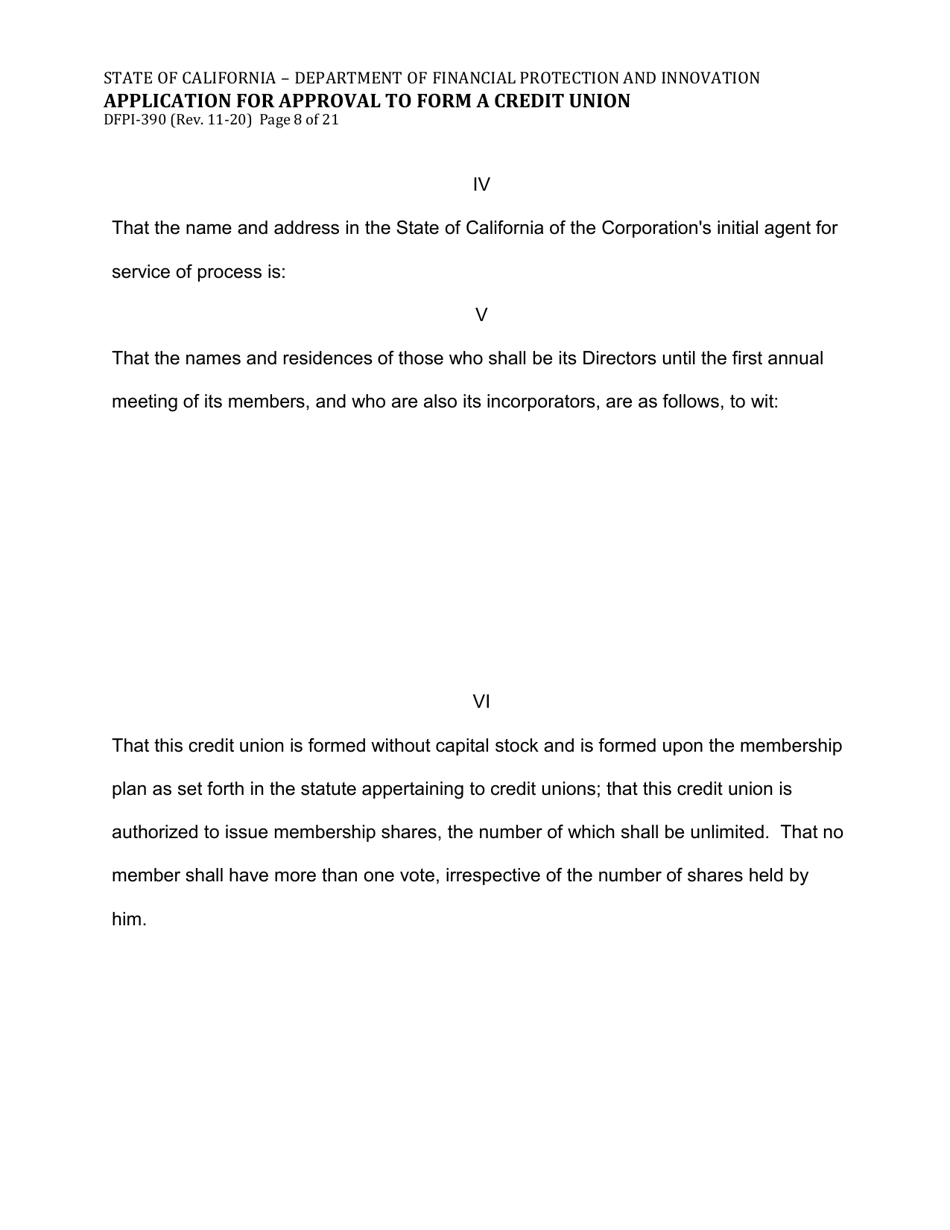 Form DFPI-390 Application for Approval to Form a Credit Union - California, Page 8