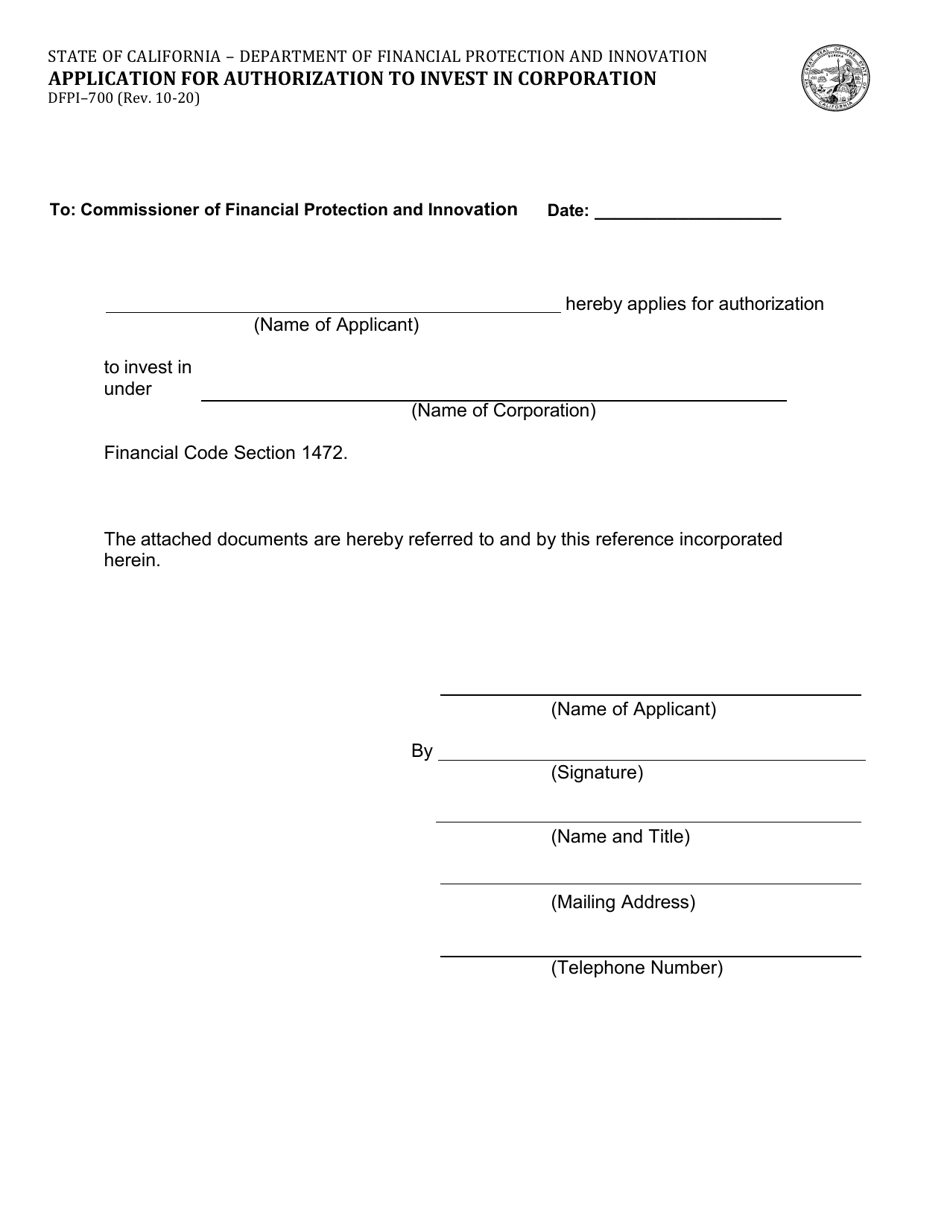 Form DFPI-700 Application for Authorization to Invest in Corporation - California, Page 1