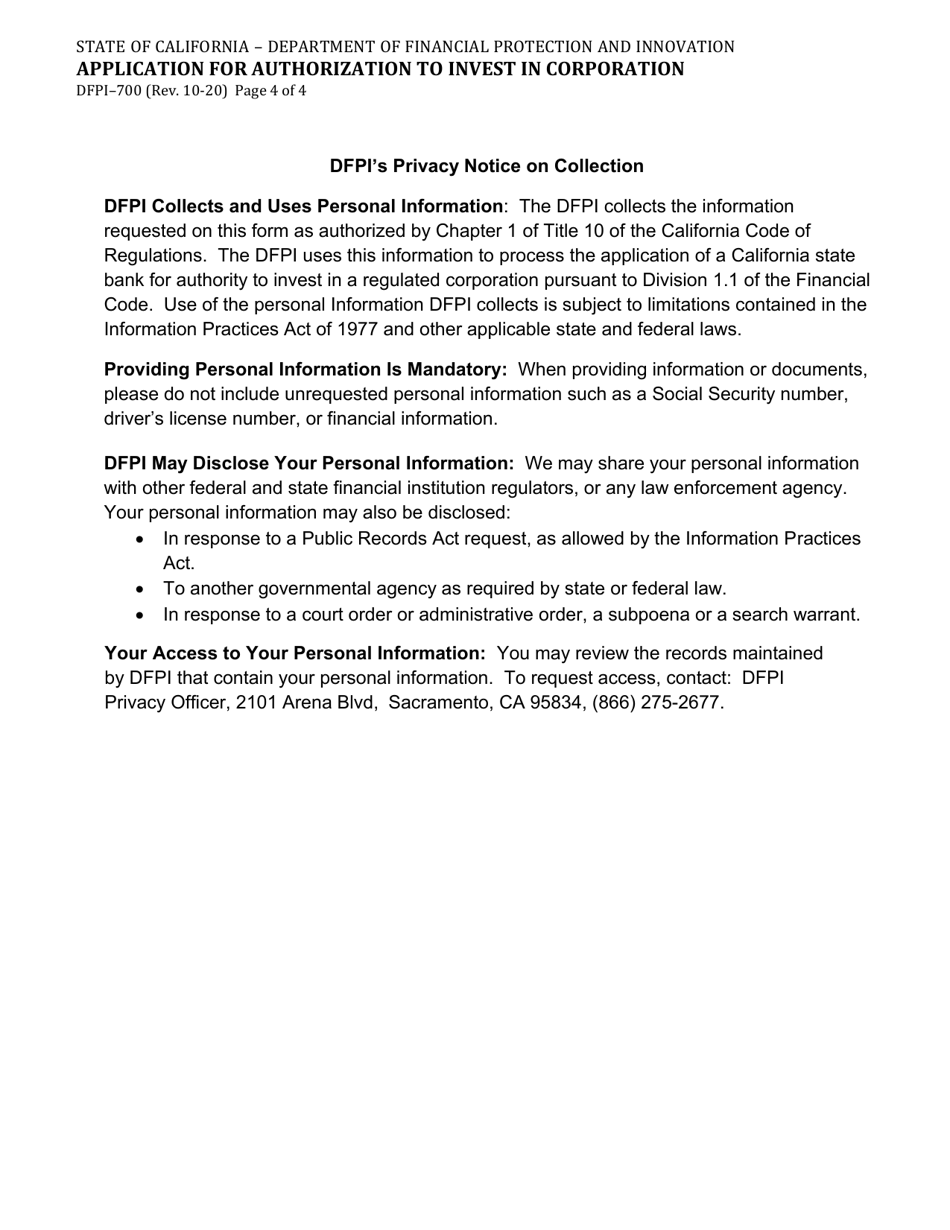 Form DFPI-700 Application for Authorization to Invest in Corporation - California, Page 4