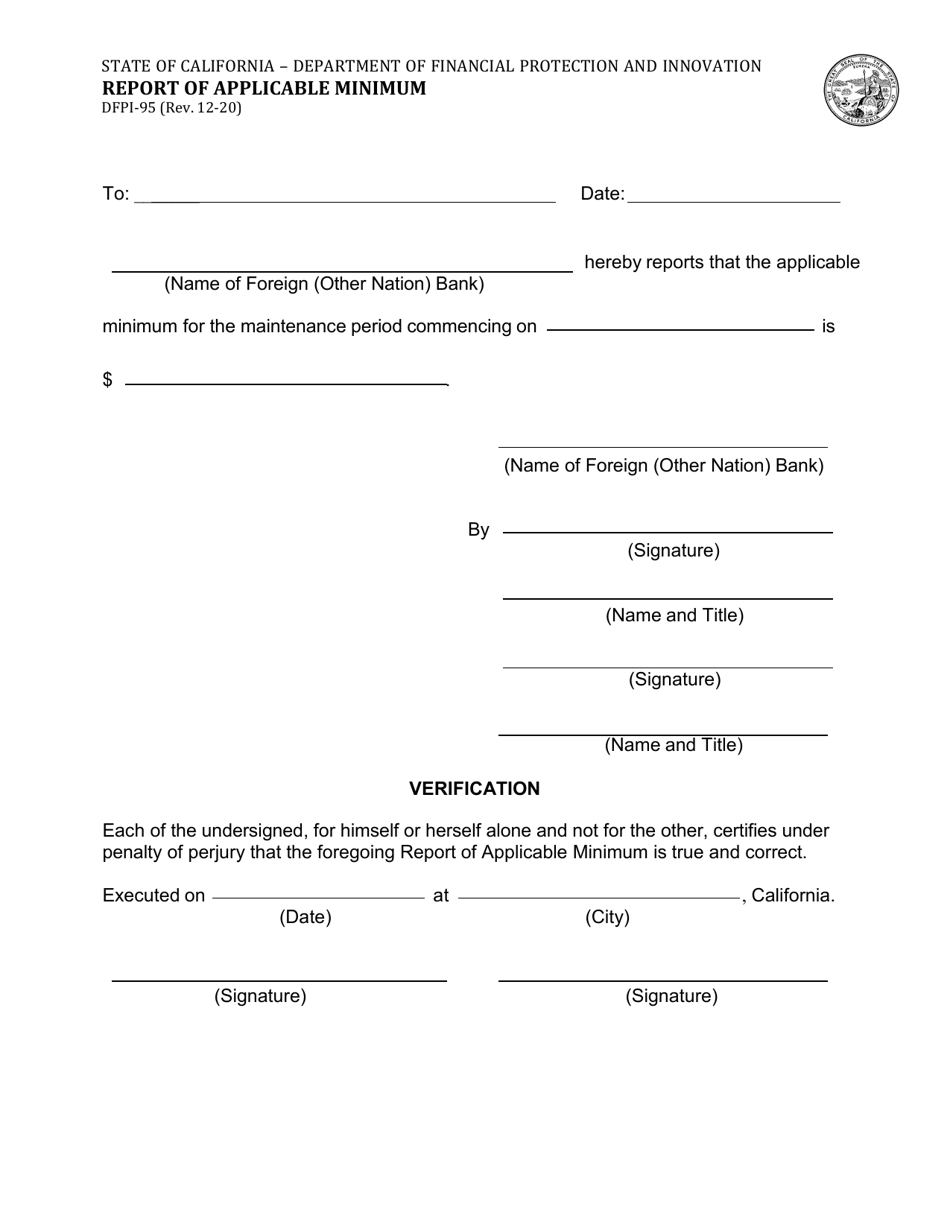 Form DFPI-95 Report of Applicable Minimum - California, Page 1
