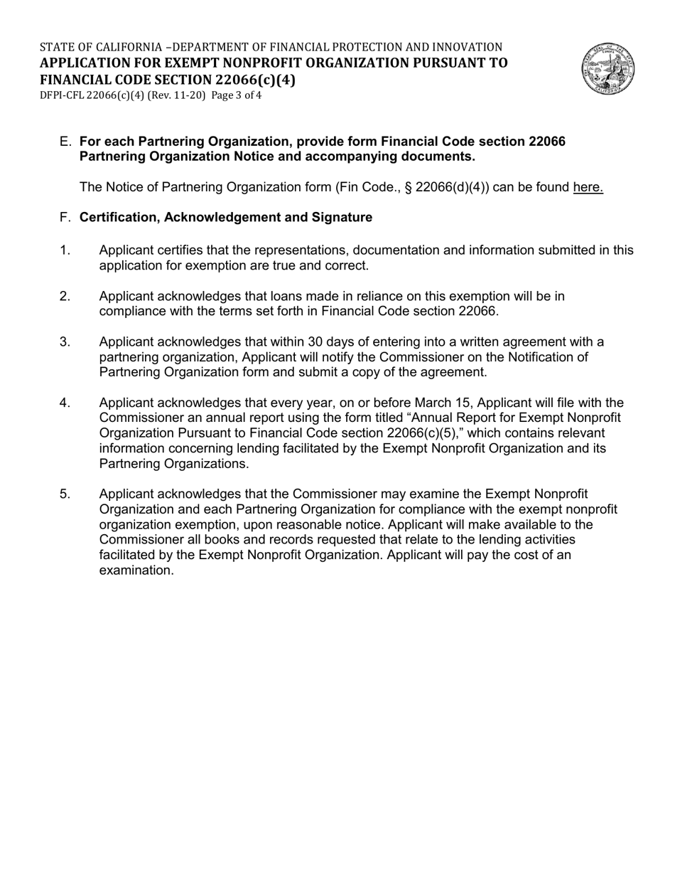 Form DFPI-CFL22066(C)(4) Application for Exempt Nonprofit Organization Pursuant to Financial Code Section 22066(C)(4) - California, Page 3