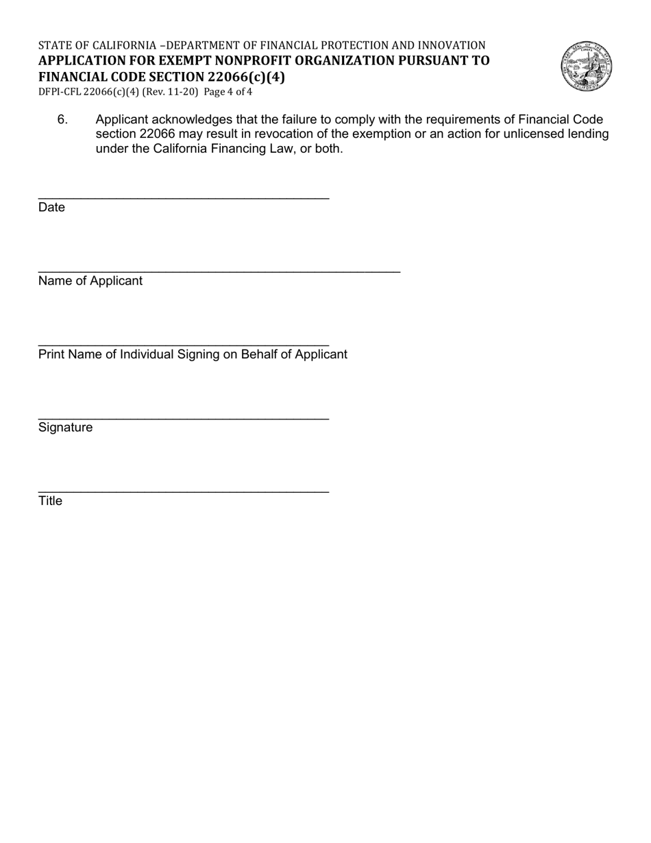 Form DFPI-CFL22066(C)(4) Application for Exempt Nonprofit Organization Pursuant to Financial Code Section 22066(C)(4) - California, Page 4