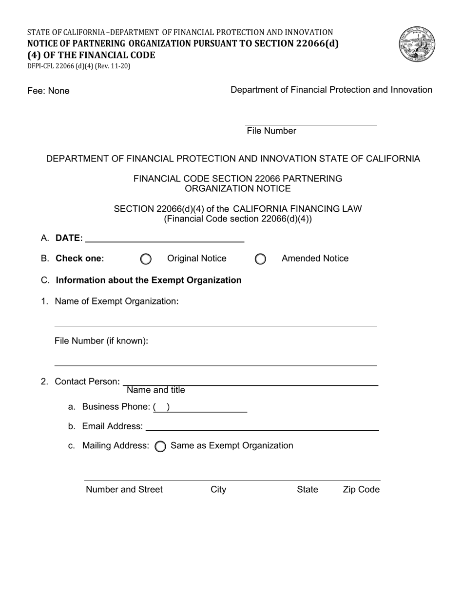 Form DFPI-CFL22066(D)(4) Notice of Partnering Organization Pursuant to Section 22066 (D)(4) of the Financial Code - California, Page 1