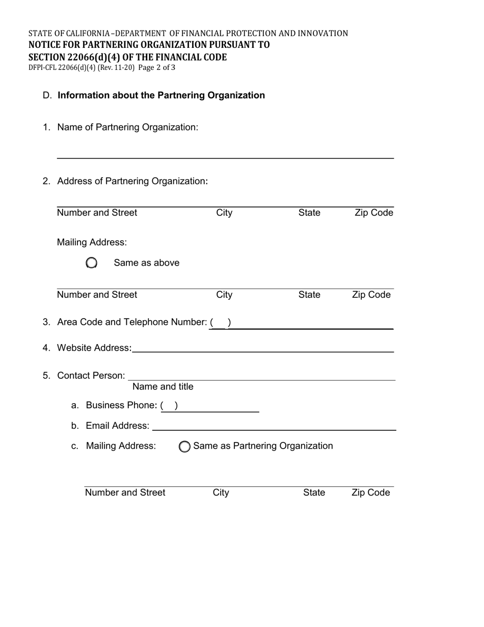 Form DFPI-CFL22066(D)(4) Notice of Partnering Organization Pursuant to Section 22066 (D)(4) of the Financial Code - California, Page 2