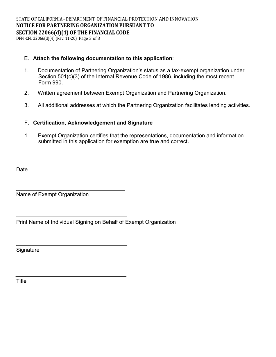 Form DFPI-CFL22066(D)(4) Notice of Partnering Organization Pursuant to Section 22066 (D)(4) of the Financial Code - California, Page 3