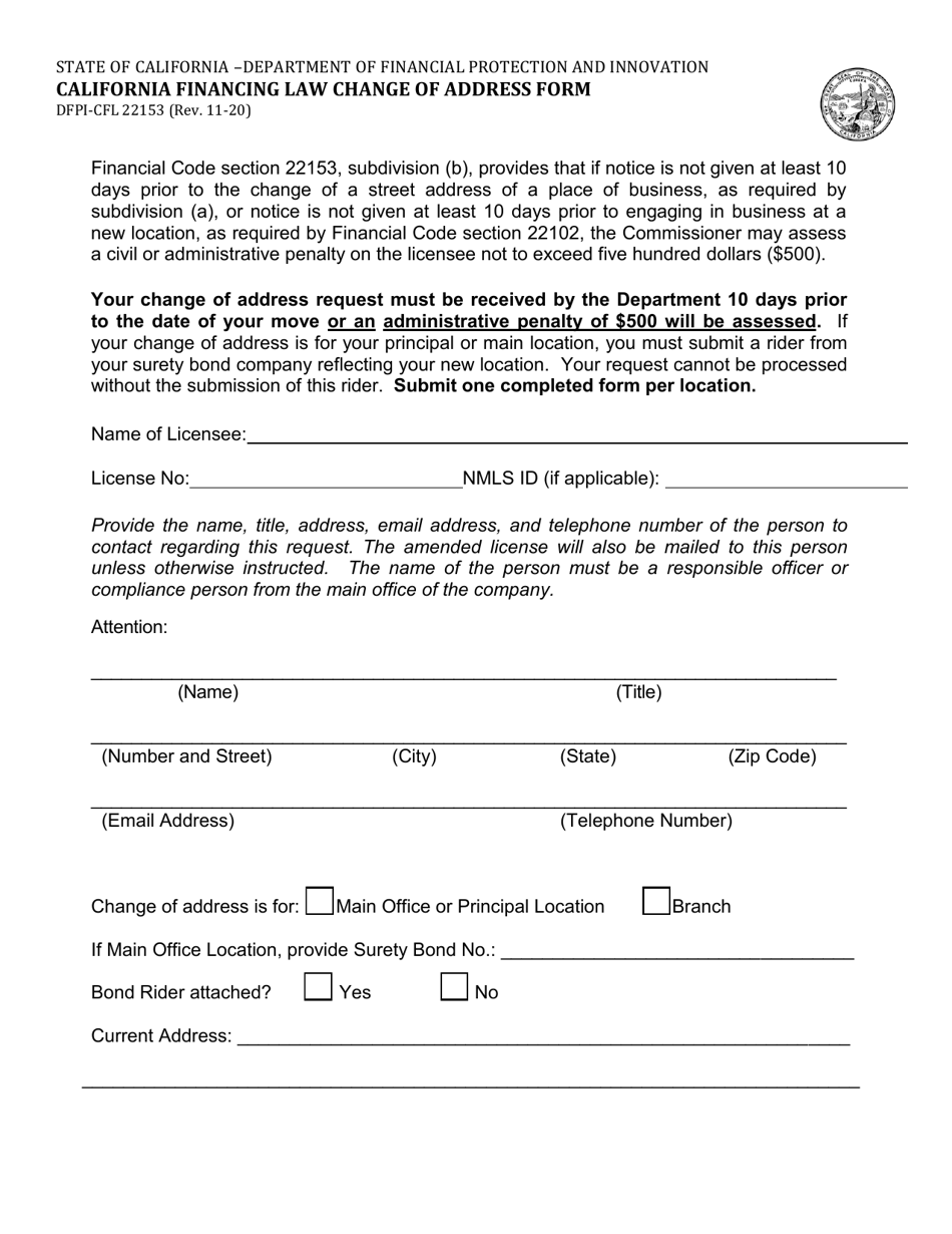 Form DFPI-CFL22153 California Financing Law Change of Address Form - California, Page 1