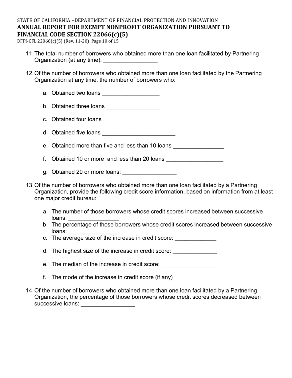 Form DFPI-CFL22066(C)(5) Annual Report for Exempt Nonprofit Organization Pursuant to Financial Code Section 22066(C)(5) - California, Page 10
