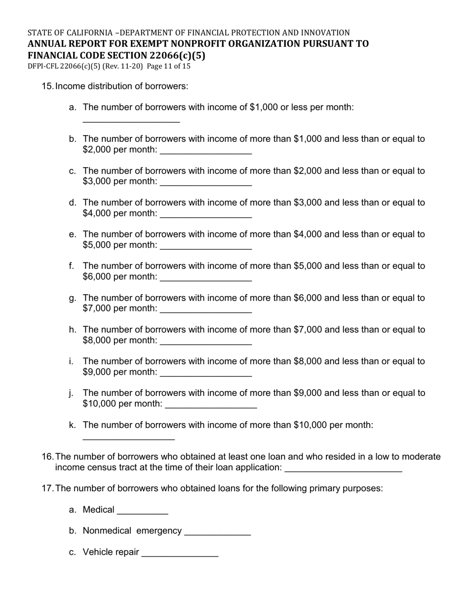 Form DFPI-CFL22066(C)(5) Annual Report for Exempt Nonprofit Organization Pursuant to Financial Code Section 22066(C)(5) - California, Page 11