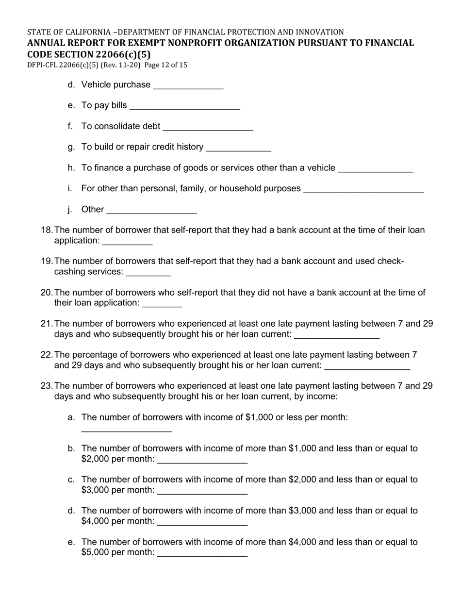 Form DFPI-CFL22066(C)(5) Annual Report for Exempt Nonprofit Organization Pursuant to Financial Code Section 22066(C)(5) - California, Page 12