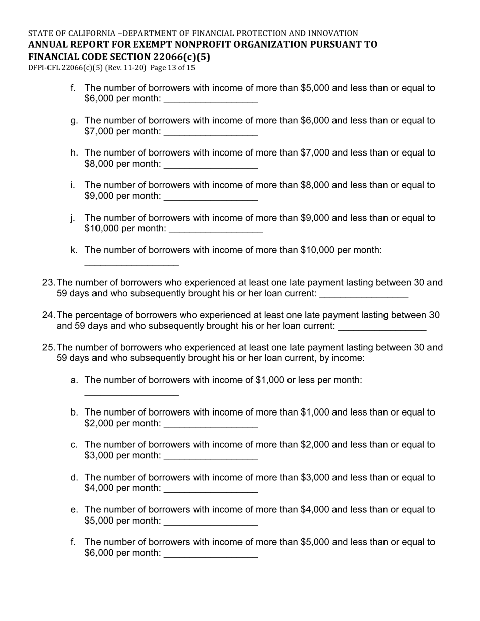 Form DFPI-CFL22066(C)(5) Annual Report for Exempt Nonprofit Organization Pursuant to Financial Code Section 22066(C)(5) - California, Page 13