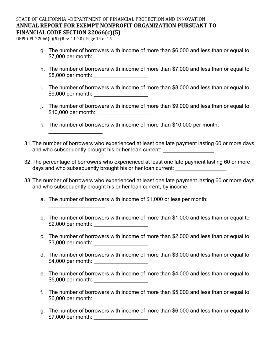 Form DFPI-CFL22066(C)(5) Annual Report for Exempt Nonprofit Organization Pursuant to Financial Code Section 22066(C)(5) - California, Page 14