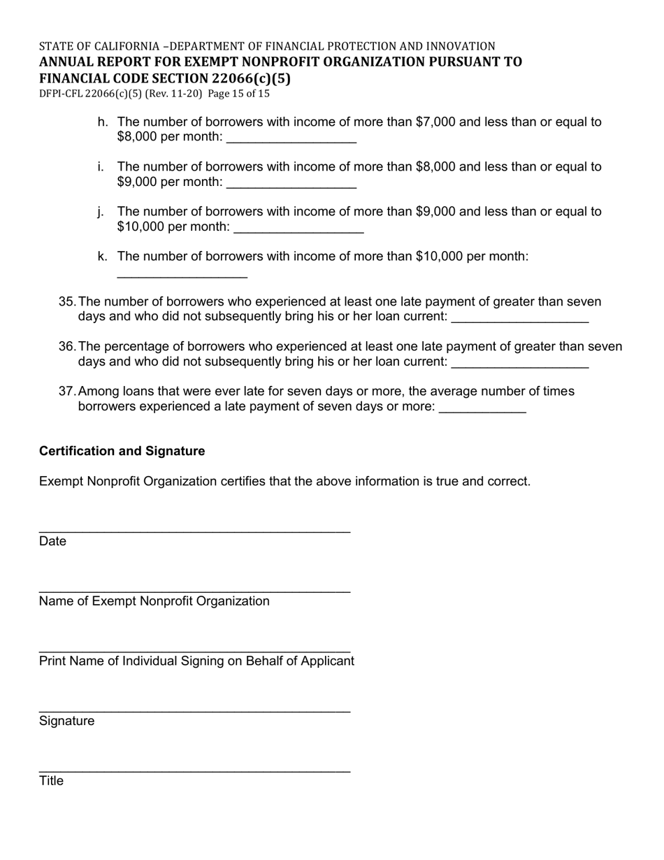 Form DFPI-CFL22066(C)(5) Annual Report for Exempt Nonprofit Organization Pursuant to Financial Code Section 22066(C)(5) - California, Page 15