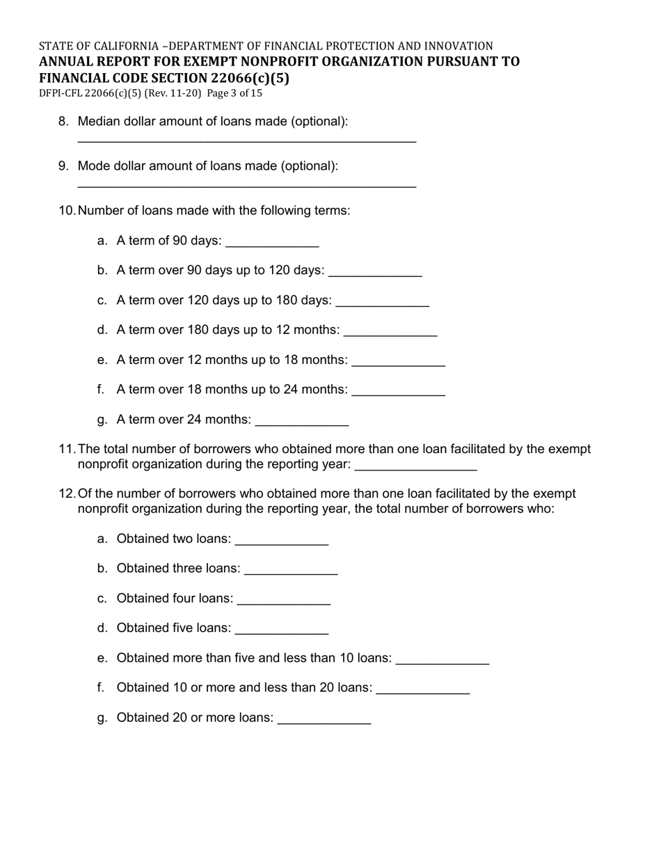 Form DFPI-CFL22066(C)(5) Annual Report for Exempt Nonprofit Organization Pursuant to Financial Code Section 22066(C)(5) - California, Page 3