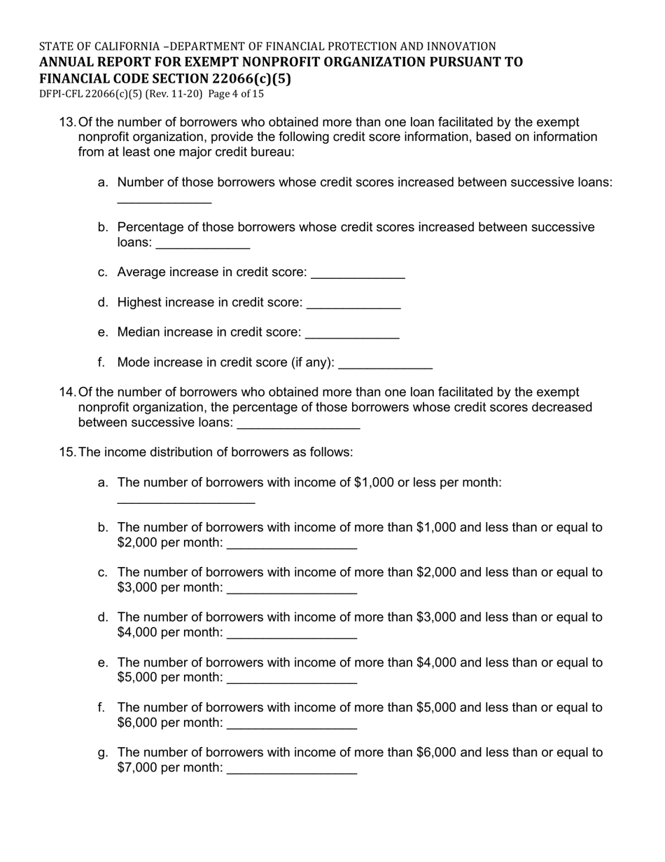 Form DFPI-CFL22066(C)(5) Annual Report for Exempt Nonprofit Organization Pursuant to Financial Code Section 22066(C)(5) - California, Page 4
