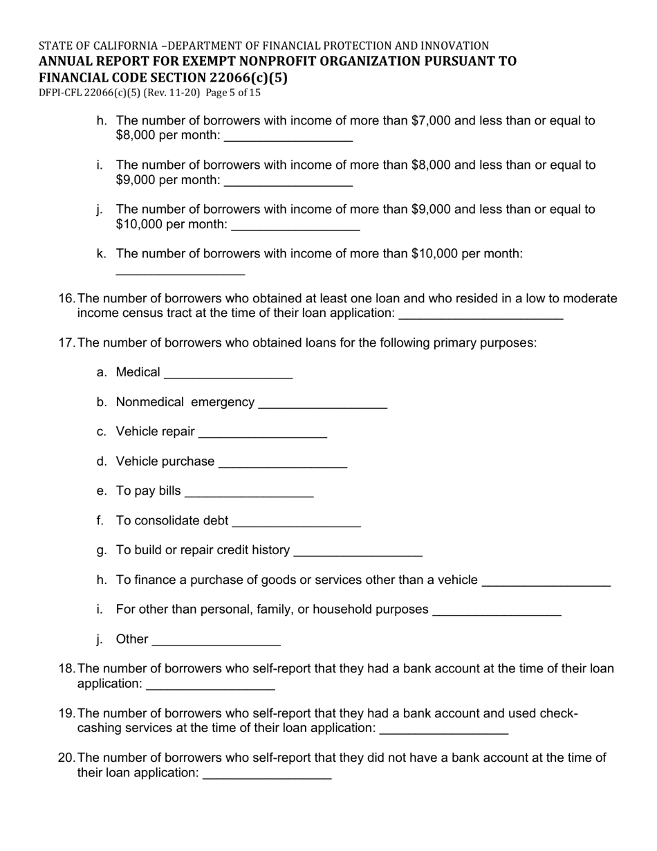 Form DFPI-CFL22066(C)(5) Annual Report for Exempt Nonprofit Organization Pursuant to Financial Code Section 22066(C)(5) - California, Page 5